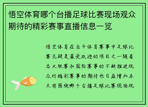 悟空体育哪个台播足球比赛现场观众期待的精彩赛事直播信息一览